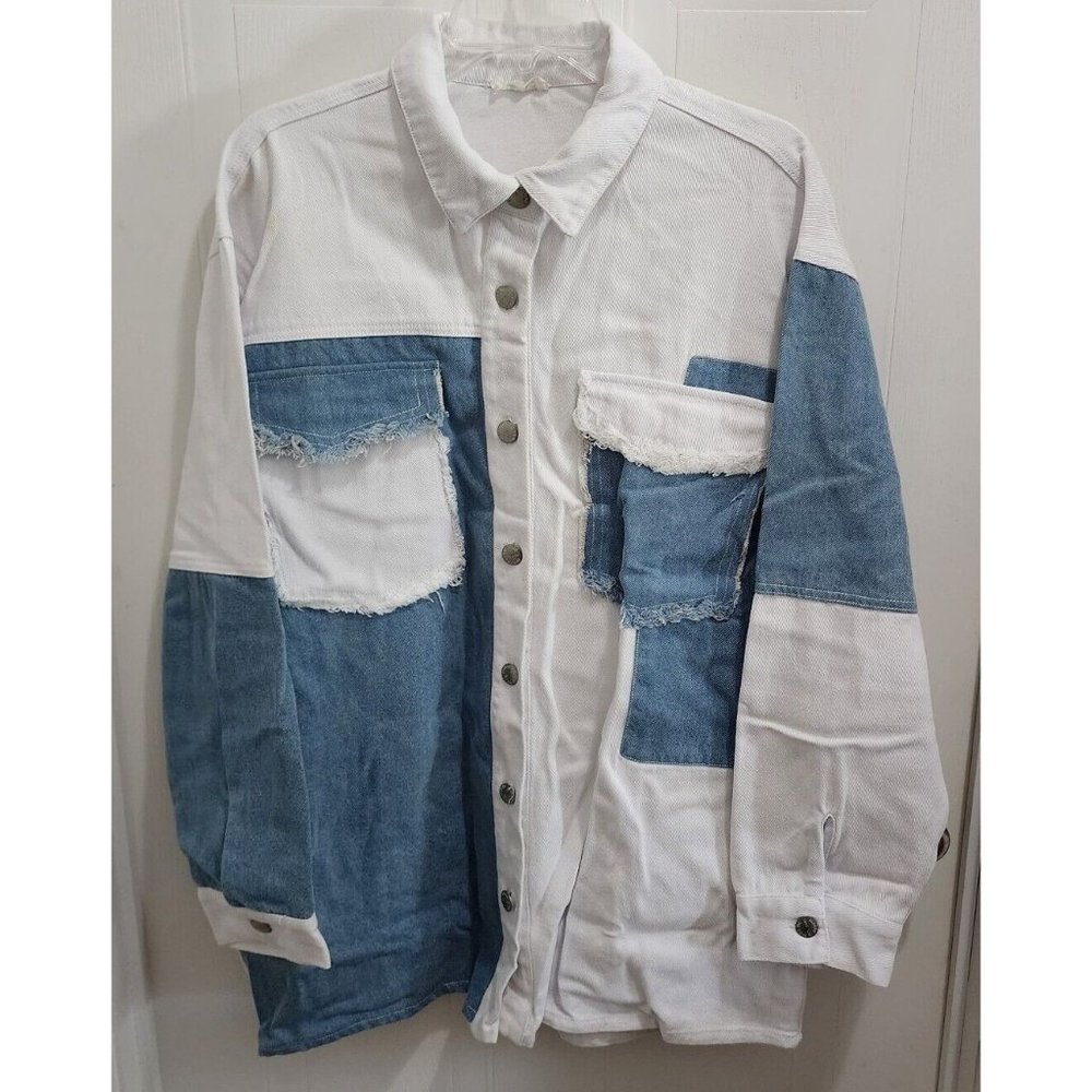 Miss Me Women's Long Sleeve Colorblock Patched Denim Button Up Shacket Size M‎